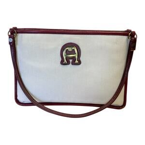 1980s Vintage Etienne Aigner Canvas Shoulder Bag Oxblood Leather Equestrian